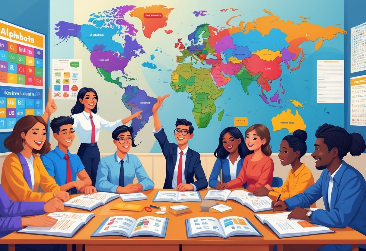 ESL Teaching Resources: Essential Tools for English Teachers LearningMole A classroom with a teacher and diverse students engaged in learning English using books, tablets, and educational materials.