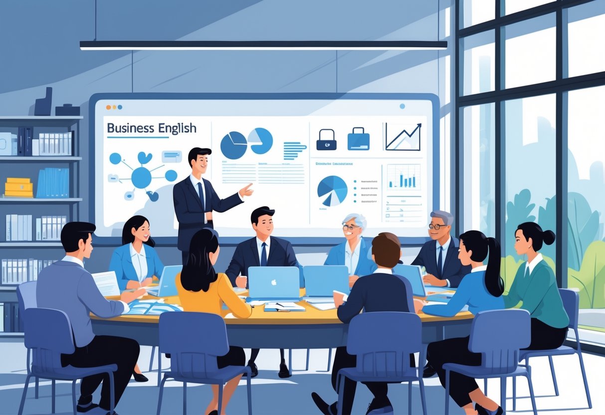 ESL Teaching Resources: Essential Tools for English Teachers LearningMole A classroom with adult students and a teacher engaged in a business English lesson, using laptops and business materials around a table.
