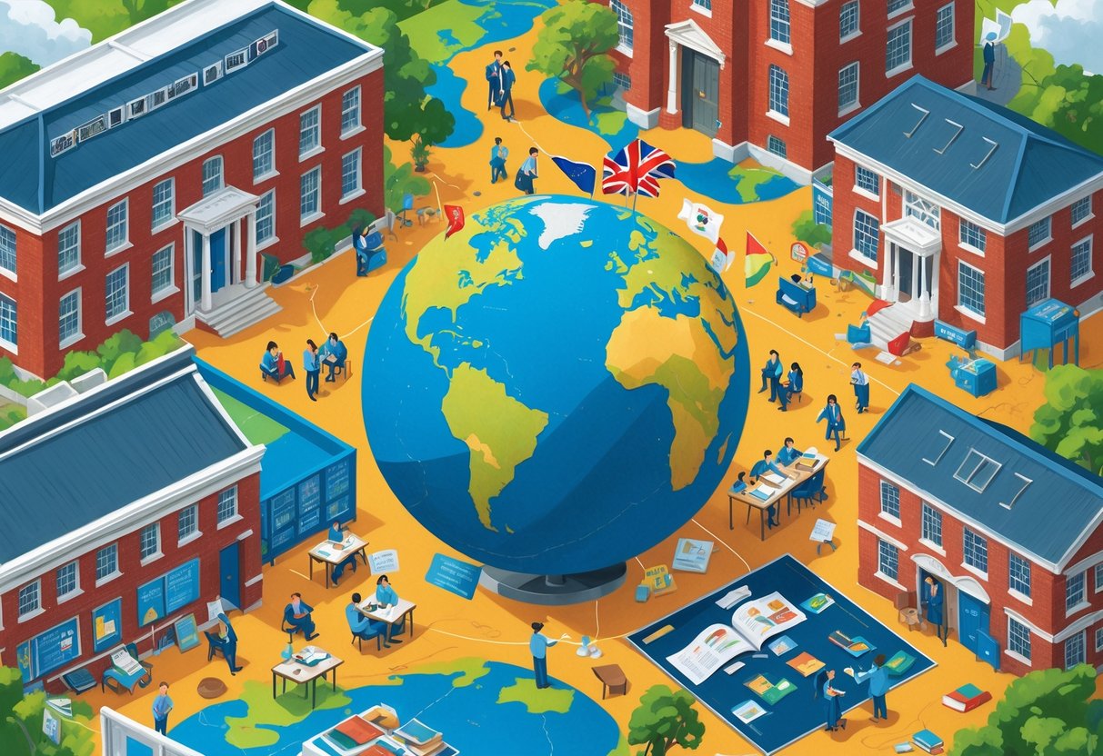 British School Resources Overseas: Guide to BSO Accreditation & Support British School Resources LearningMole An illustration showing diverse students and teachers learning around a globe with different British-style school buildings and educational resources representing schools overseas.