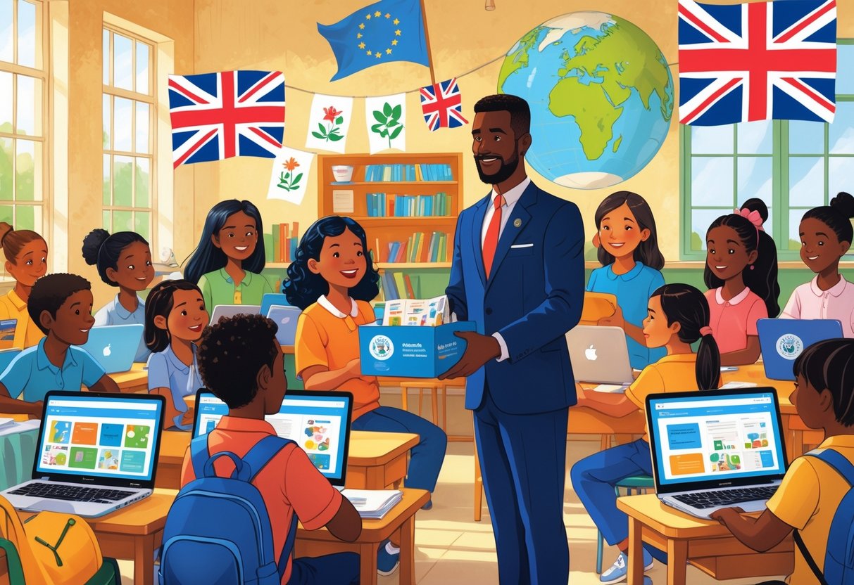 British School Resources Overseas: Guide to BSO Accreditation & Support British School Resources LearningMole A group of children and teachers from different cultures learning together in a classroom with British educational materials, while a UK official gives supplies to a local teacher.