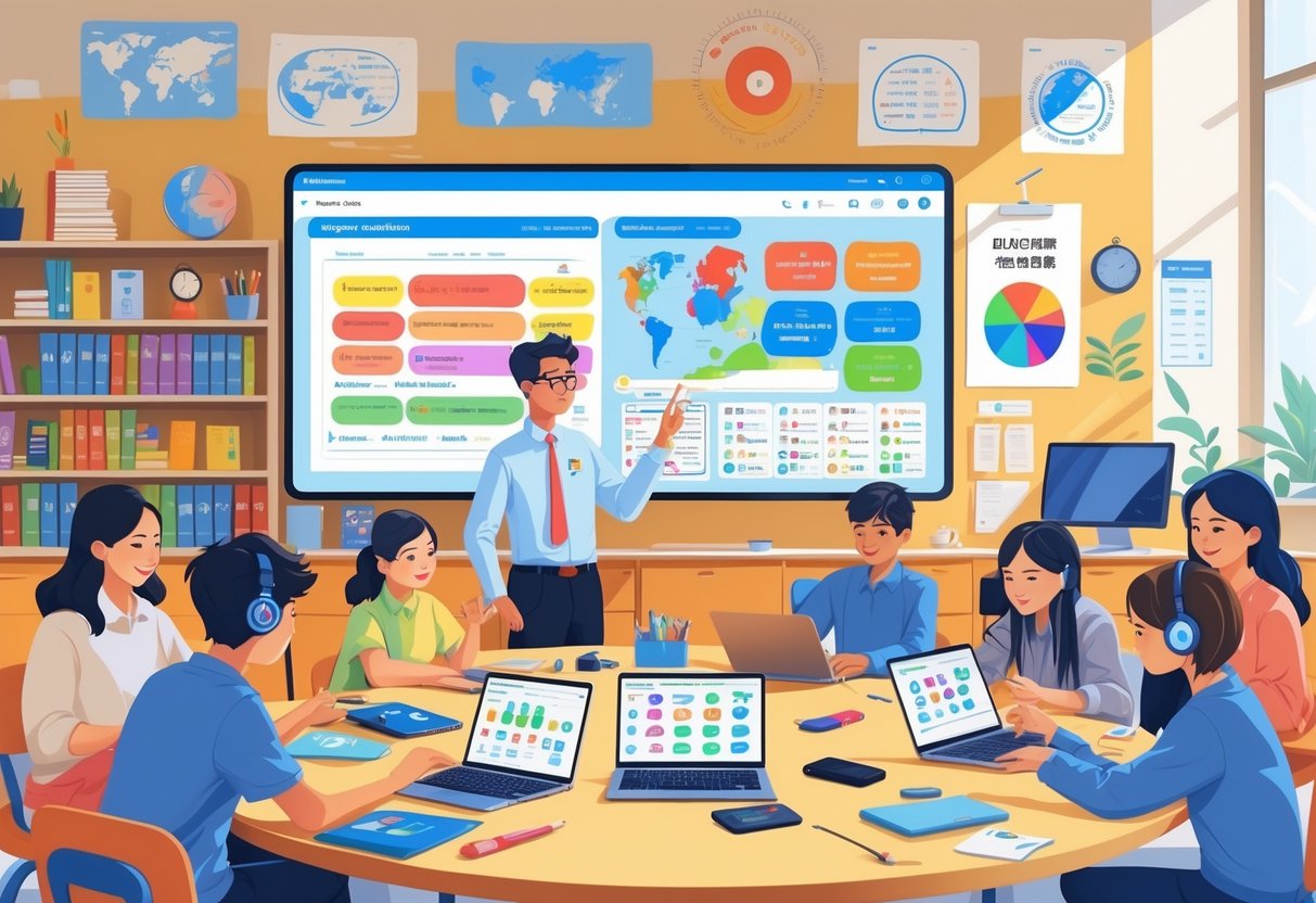 ESL Teaching Resources: Essential Tools for English Teachers LearningMole A teacher using digital tools to teach a diverse group of students in a bright classroom with laptops and tablets.