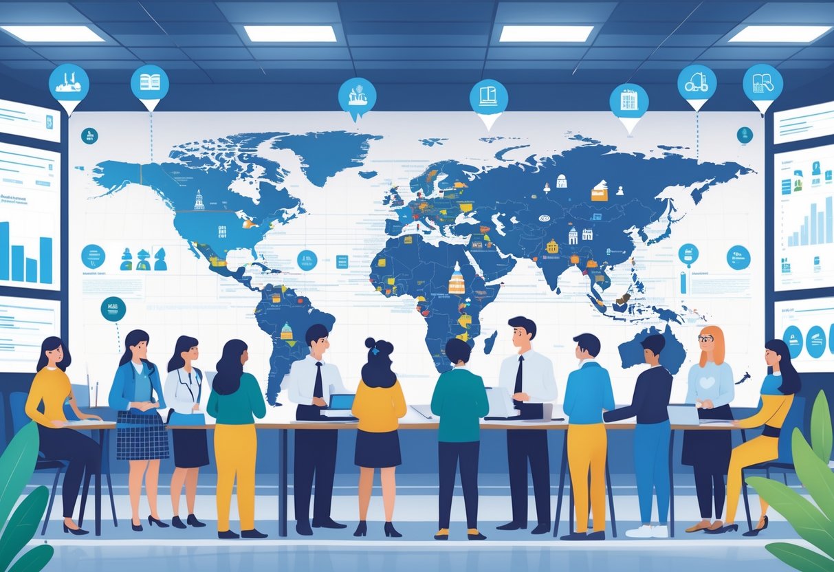 British School Resources Overseas: Guide to BSO Accreditation & Support British School Resources LearningMole A group of diverse educators collaborating around a digital map showing the UK and international locations, symbolising global support for British school resources overseas.