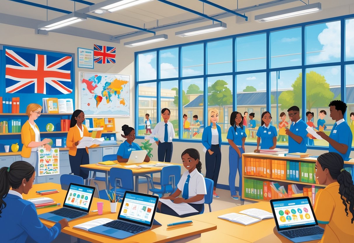 British School Resources Overseas: Guide to BSO Accreditation & Support British School Resources LearningMole Teachers working together in a classroom filled with British school resources and students learning in the background.