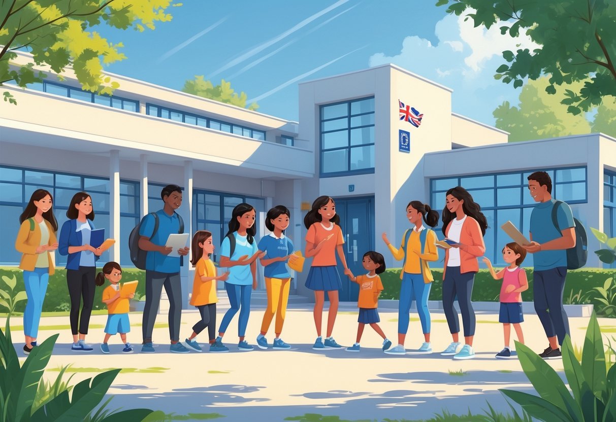 British School Resources Overseas: Guide to BSO Accreditation & Support British School Resources LearningMole A group of pupils and parents happily interacting outside a modern British school building overseas, surrounded by educational materials and greenery.