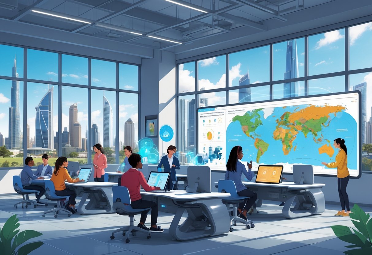 British School Resources Overseas: Guide to BSO Accreditation & Support British School Resources LearningMole A diverse group of students and a teacher in a bright classroom using advanced digital learning tools with global landmarks visible outside the windows.