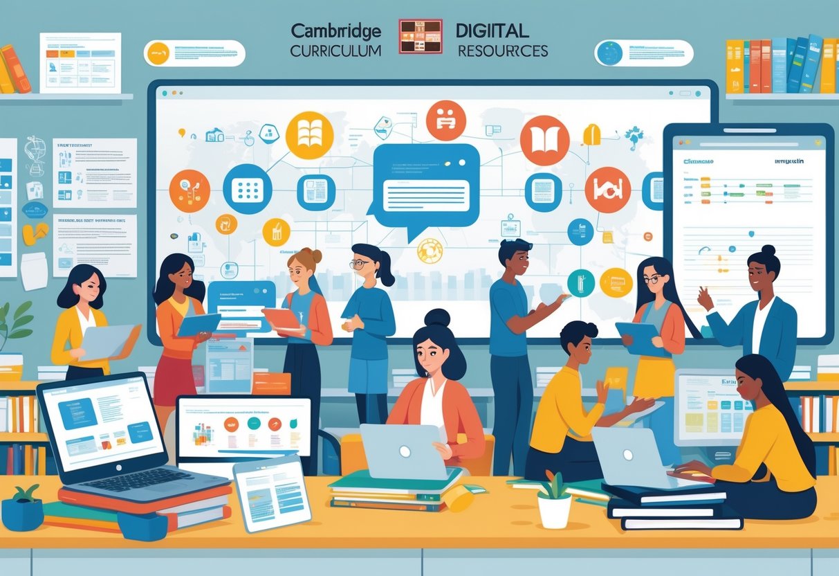 Cambridge Curriculum Resources: Essential Guide for Teachers & Learners cambridge curriculum LearningMole A group of students and teachers using laptops and tablets in a bright classroom with educational icons and charts around them.