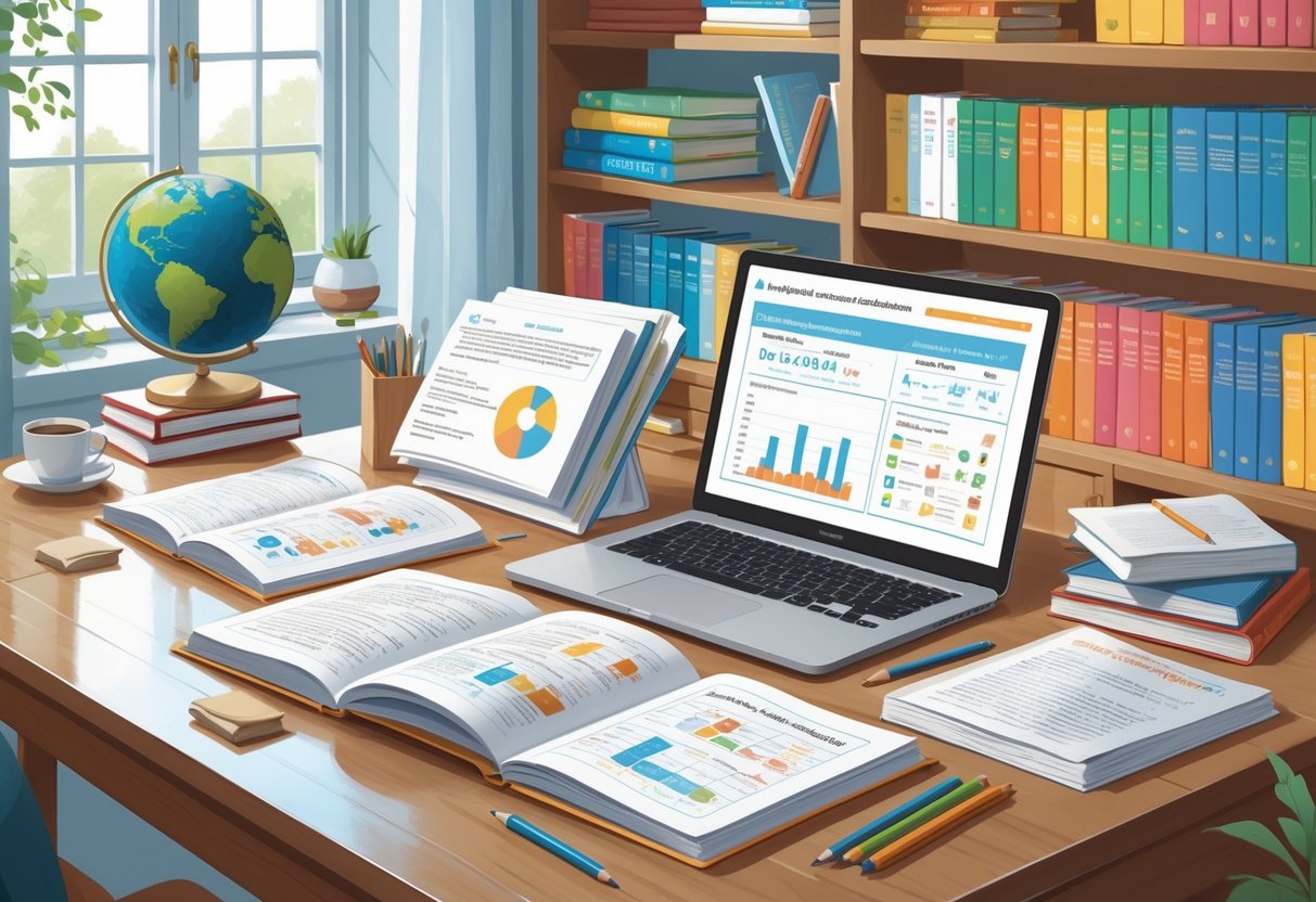 Cambridge Curriculum Resources: Essential Guide for Teachers & Learners cambridge curriculum LearningMole A tidy study desk with open English textbooks, a laptop showing educational content, shelves of books, and a globe in the background.