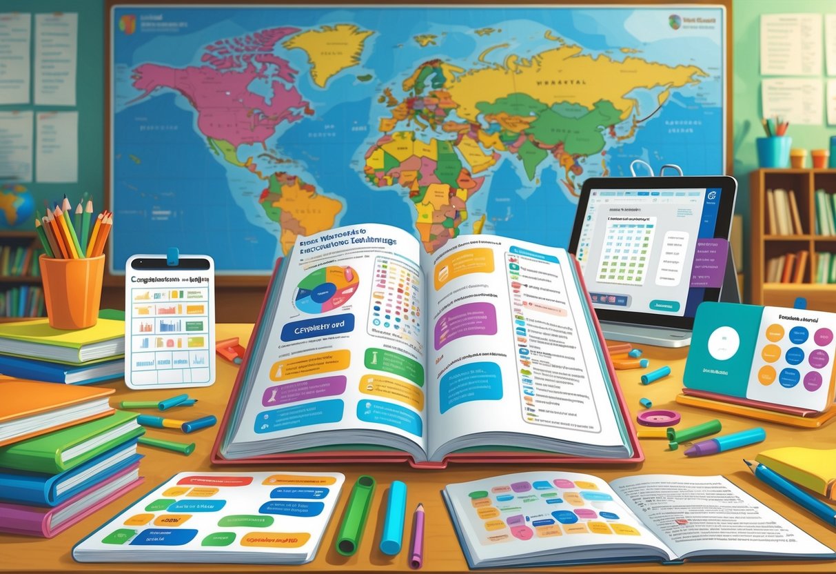 Cambridge Curriculum Resources: Essential Guide for Teachers & Learners cambridge curriculum LearningMole An educational workspace with a textbook, flashcards, a tablet showing language exercises, and classroom elements like a world map and bookshelves.