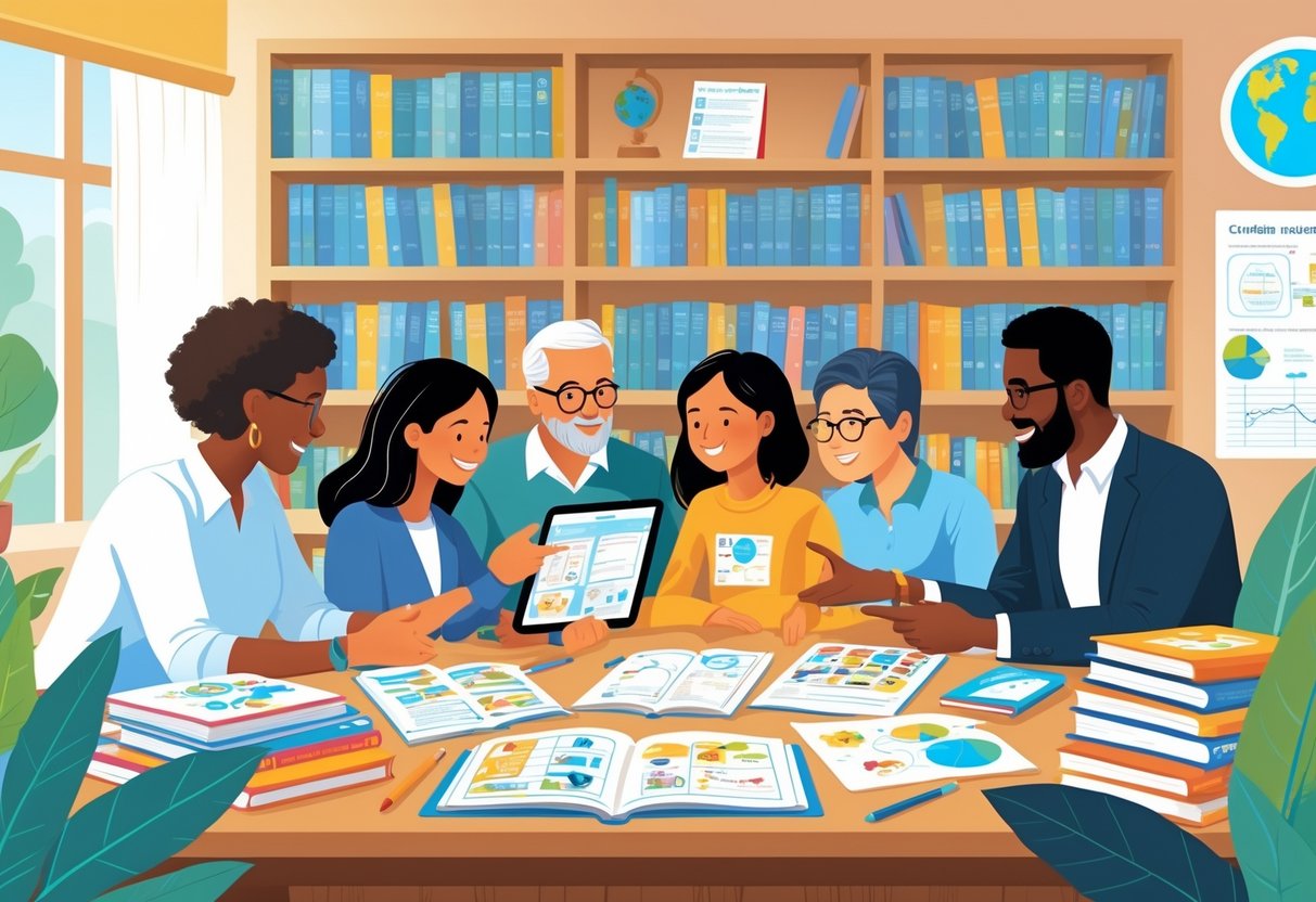 Cambridge Curriculum Resources: Essential Guide for Teachers & Learners cambridge curriculum LearningMole A group of parents and guardians gathered around a table with educational books and tablets, discussing learning materials in a bright room with a bookshelf and a globe.