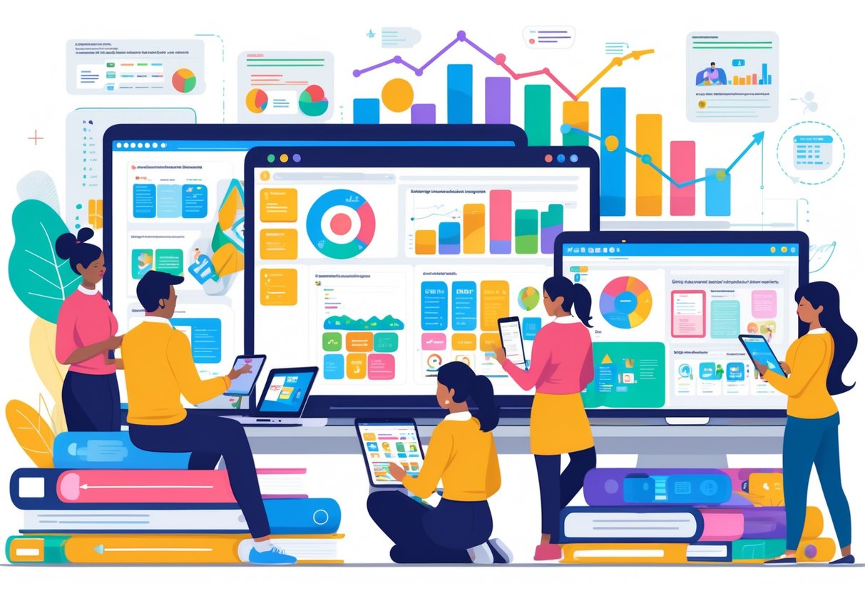 Teachers Pay Teachers Alternatives: Top Sites, Features & Tips Teachers Pay Teachers LearningMole A group of teachers using laptops and tablets to share and access educational resources online, with charts and icons representing trends in digital learning platforms in the background.