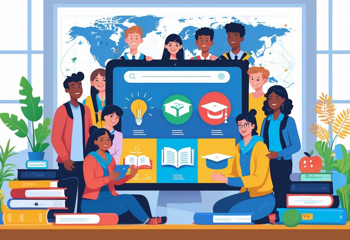 TES Resources Alternatives: Best Education Sites & Tools Compared tes resources LearningMole A group of students and teachers gathered around a large digital tablet showing educational icons in a bright classroom.