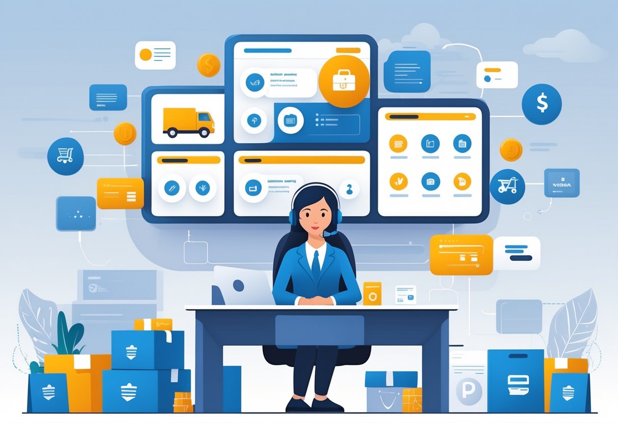TES Resources Alternatives: Best Education Sites & Tools Compared tes resources LearningMole A customer service representative at a desk with screens showing icons for shipping, returns, and payment options, surrounded by delivery trucks, packages, and payment symbols.