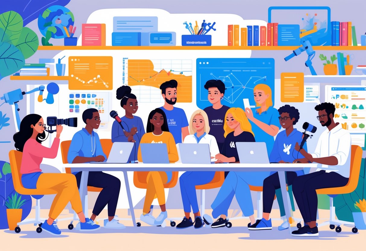 YouTube Educational Channels: The Ultimate Learning Guide LearningMole A group of diverse educational content creators working together in a bright studio with cameras, microphones, laptops, and books around them.