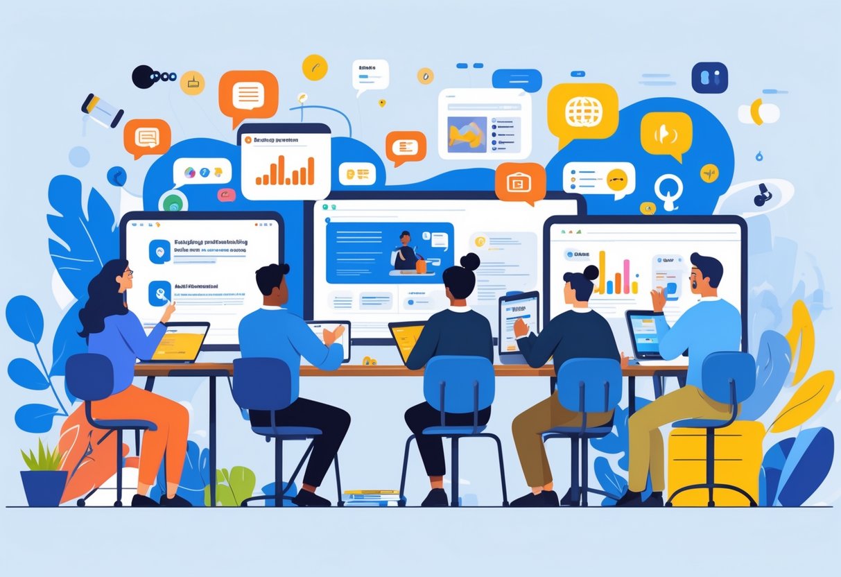 MOOC Teaching Resources: Comprehensive Guide for Educators LearningMole A group of people using laptops and tablets to access online learning resources in a bright room with books and digital screens.