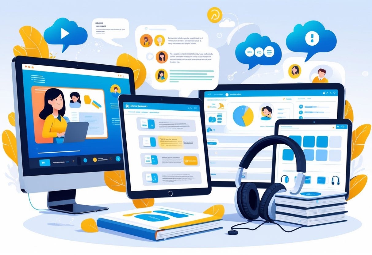 MOOC Teaching Resources: Comprehensive Guide for Educators LearningMole A digital classroom scene showing a computer with a video lecture, an open e-book, interactive quizzes on a tablet, discussion bubbles, downloadable documents, and headphones representing different teaching resources in online courses.