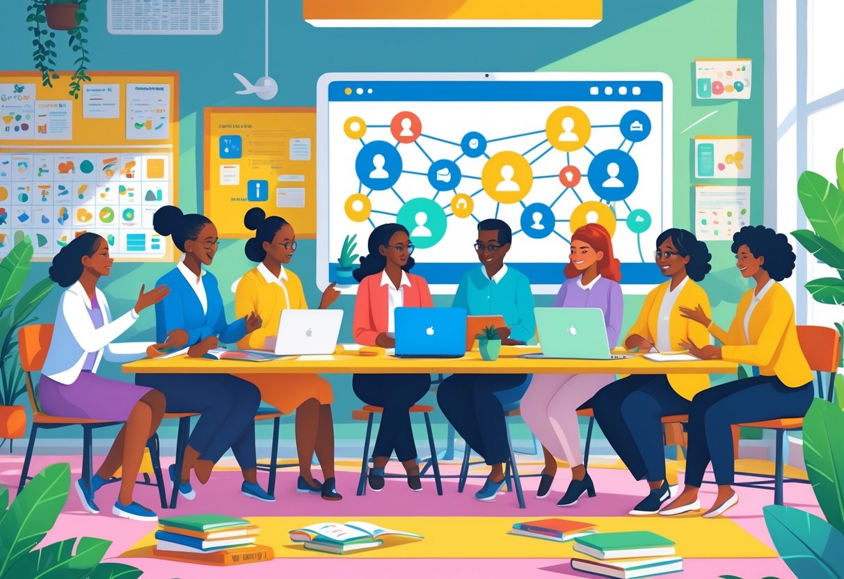 Instagram Teaching Ideas: Creative Ways Educators Can Engage Students instagram teaching LearningMole A group of diverse educators collaborating around a table with teaching materials in a bright community space with a digital screen showing connected icons in the background.