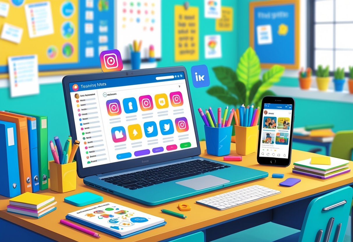 Instagram Teaching Ideas: Creative Ways Educators Can Engage Students instagram teaching LearningMole A teacher's desk with a laptop and smartphone showing social media, surrounded by books, stationery, and a classroom background with a whiteboard and plants.