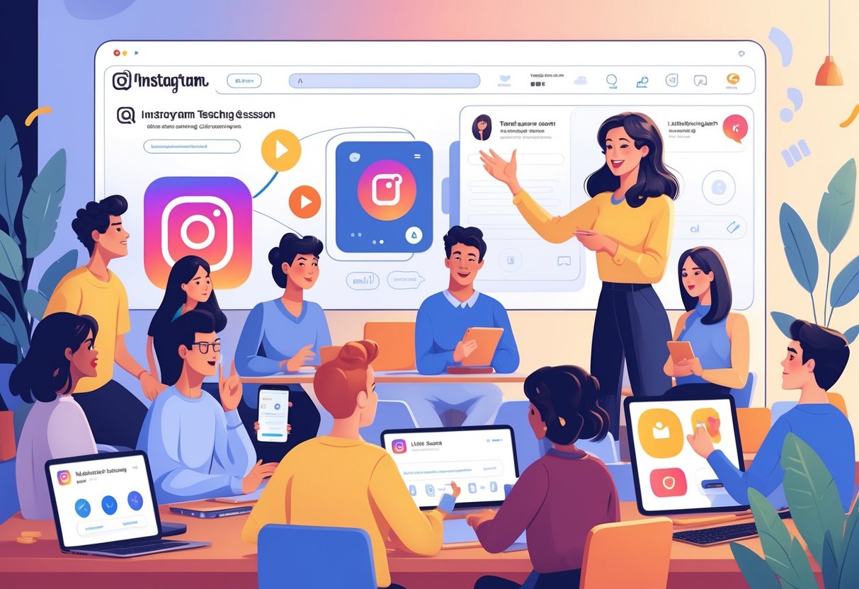 Instagram Teaching Ideas: Creative Ways Educators Can Engage Students instagram teaching LearningMole A group of young adults participating in a live online teaching session with a female instructor speaking and digital devices showing interactive questions and chat.