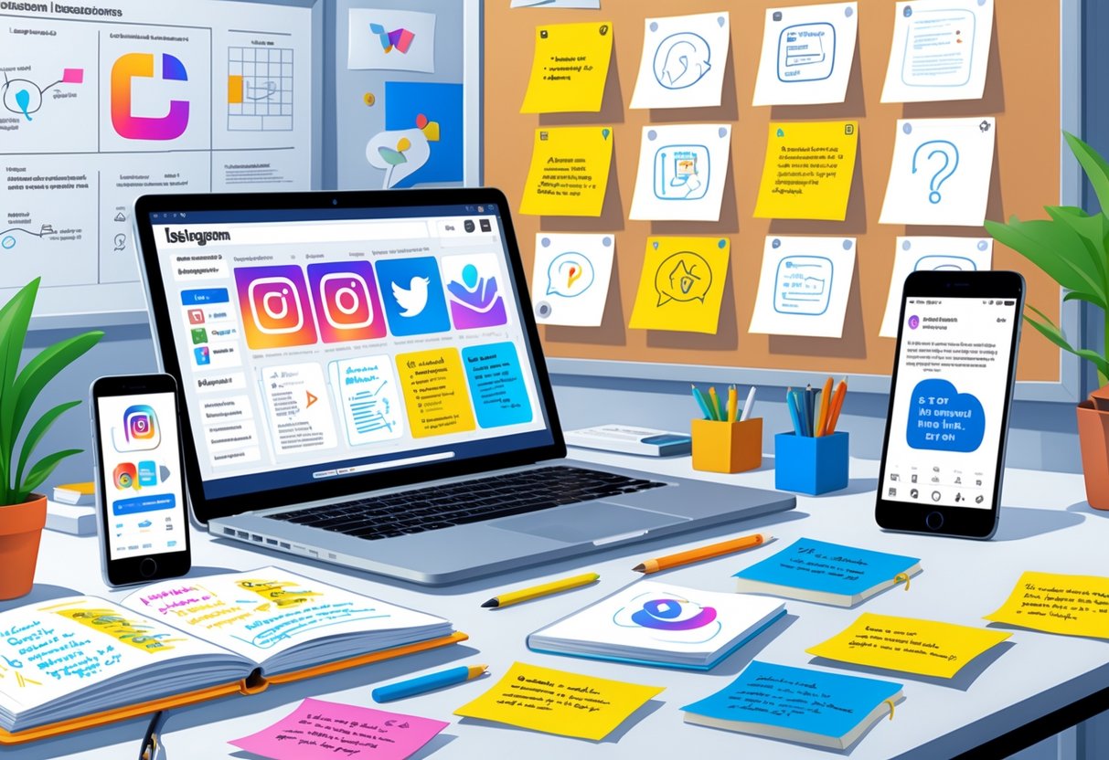 Instagram Teaching Ideas: Creative Ways Educators Can Engage Students instagram teaching LearningMole A workspace with a laptop, smartphone, sticky notes, and a board covered with diagrams and question cards, representing Instagram teaching ideas about frequently asked questions.