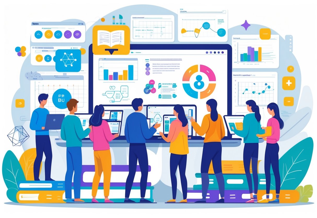 MOOC Teaching Resources: Comprehensive Guide for Educators LearningMole A group of students and teachers using digital devices to access various online educational resources related to different academic subjects in a virtual learning environment.