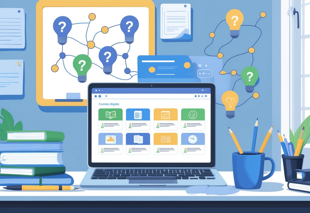 MOOC Teaching Resources: Comprehensive Guide for Educators LearningMole A workspace with a laptop showing online course materials, surrounded by notebooks and stationery, with symbols representing questions and ideas in the background.