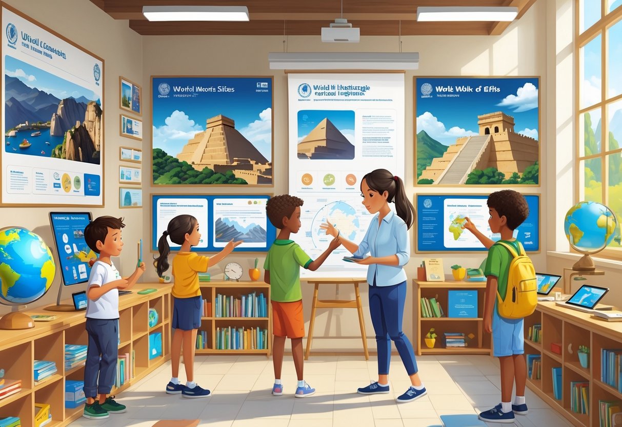 UNESCO Teaching Resources: Essential Tools and Guides for Educators UNESCO Teaching LearningMole Children and a teacher learning about famous world heritage sites using educational kits and displays in a bright classroom.