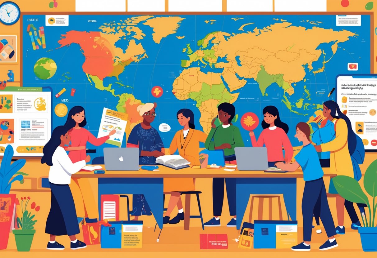 UNESCO Teaching Resources: Essential Tools and Guides for Educators UNESCO Teaching LearningMole A diverse group of teachers and students in a classroom learning about culture and identity with cultural artefacts and world maps around them.