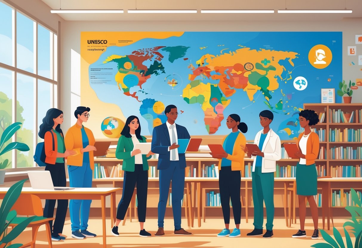 UNESCO Teaching Resources: Essential Tools and Guides for Educators UNESCO Teaching LearningMole A diverse group of teachers and students learning together in a bright classroom with educational materials and a world map in the background.