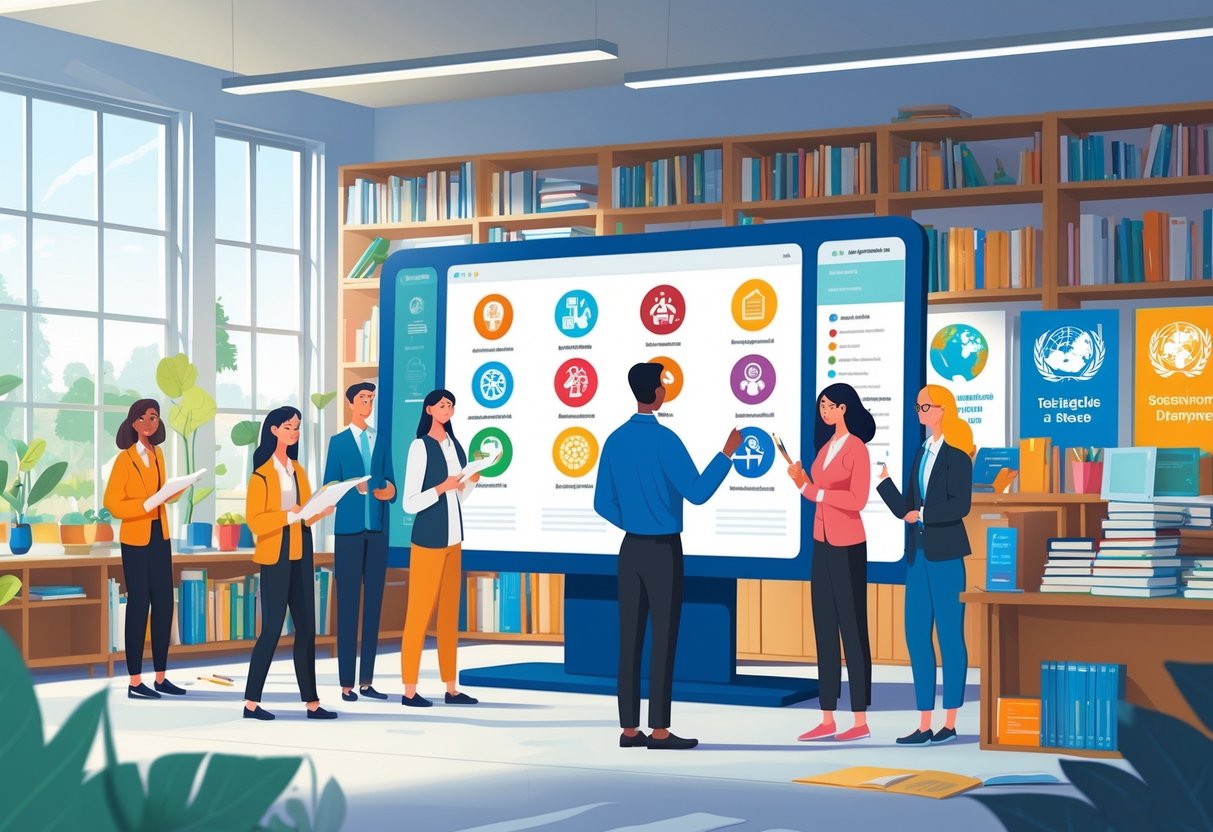 UNESCO Teaching Resources: Essential Tools and Guides for Educators UNESCO Teaching LearningMole A group of teachers and students gathered around a digital display in a bright classroom filled with books and educational materials, engaged in learning activities.