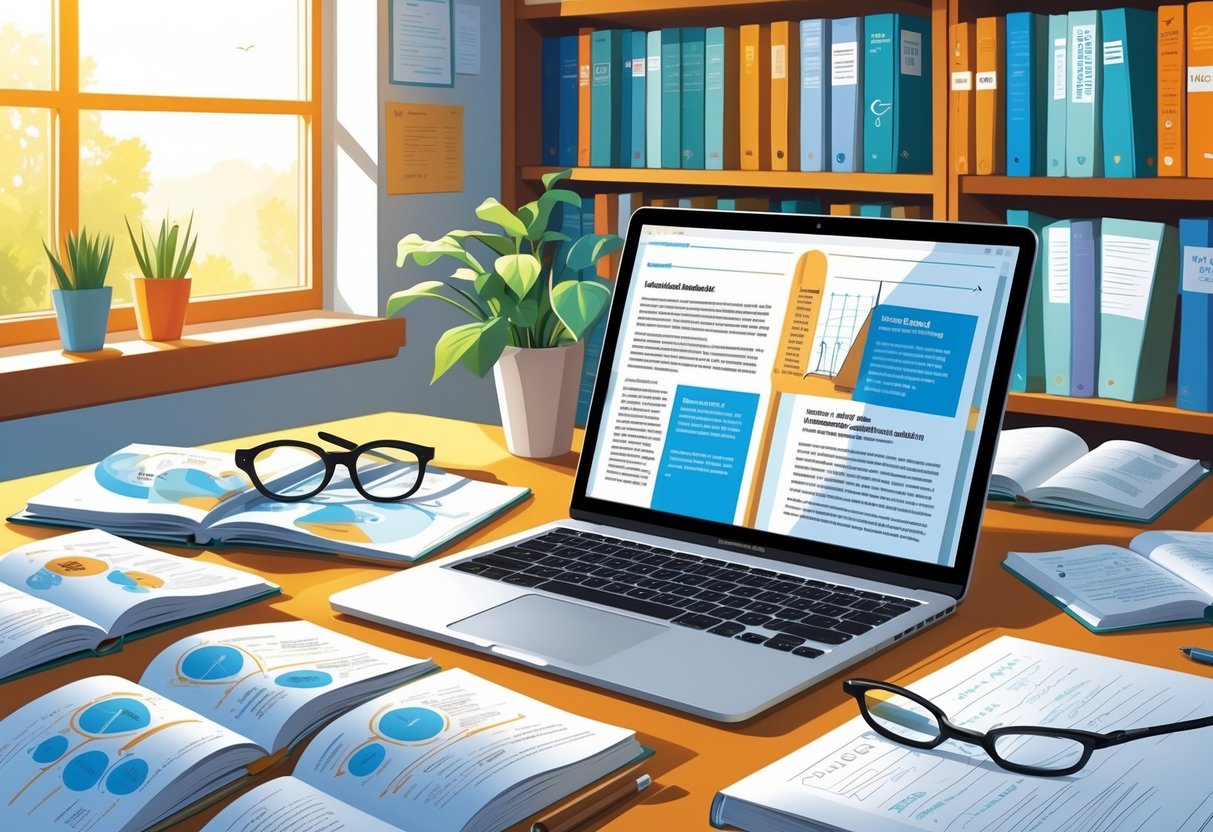 Creative Commons Teaching Materials: A Guide for Educators LearningMole An educational workspace with a laptop, open textbooks, printed journals, reading glasses, and a notepad on a desk, with a bookshelf in the background.