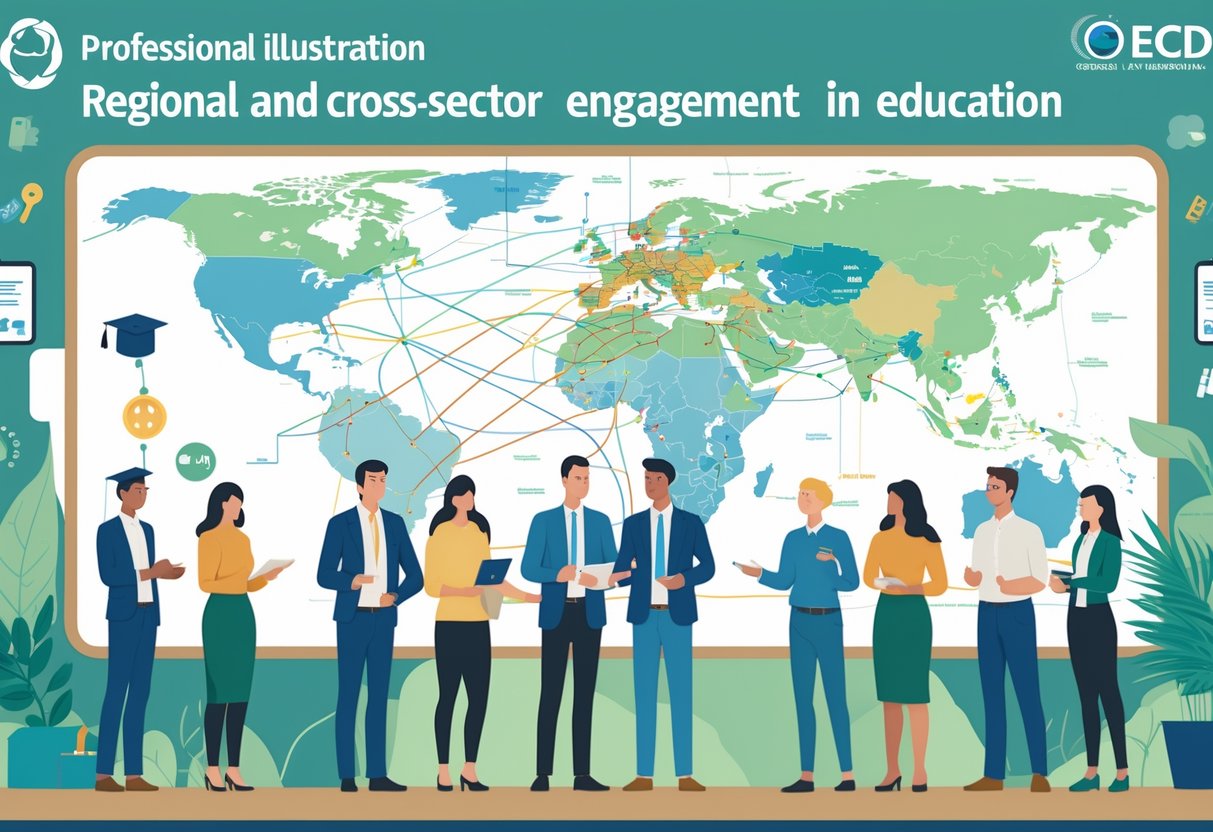 OECD Education Resources: Comprehensive Guide for Schools & Policymakers OECD LearningMole A group of diverse people from different sectors collaborating around a digital map showing connected regions, symbolising regional and cross-sector engagement in education.