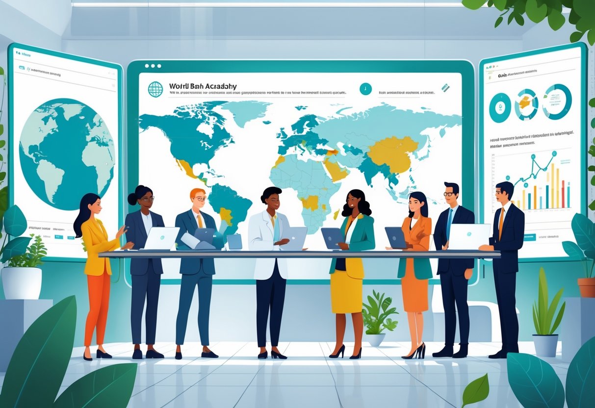 World Bank Education Resources: Your Complete Guide to Impact, Data, and Access world bank education LearningMole A group of diverse people using digital devices to learn together in a bright, modern room with global education graphics in the background.