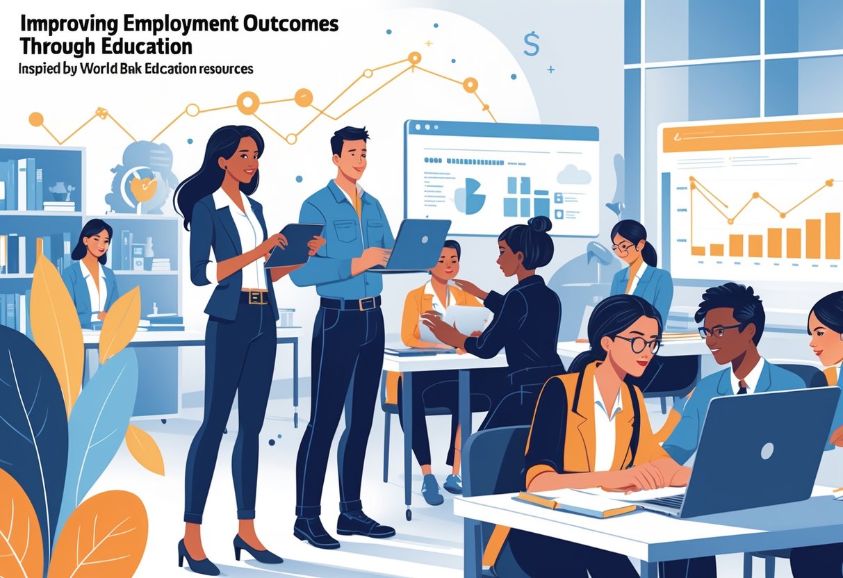 World Bank Education Resources: Your Complete Guide to Impact, Data, and Access world bank education LearningMole A group of diverse young adults engaged in learning and vocational training activities in a modern classroom and workplace setting, symbolising education leading to improved employment opportunities.