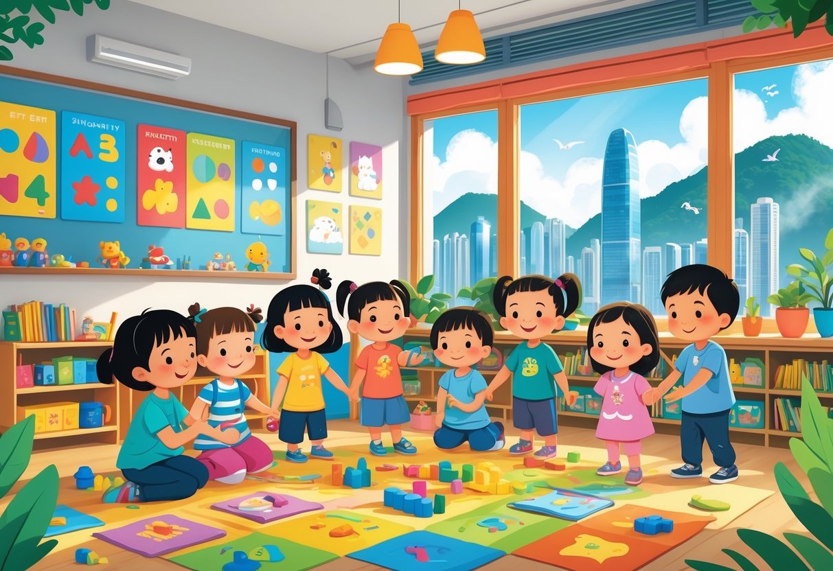 Teaching Resources Hong Kong: Comprehensive Guide for Educators & Parents teaching resources LearningMole A kindergarten classroom in Hong Kong with young children playing and learning with toys and books, guided by teachers, with a city skyline visible through a window.