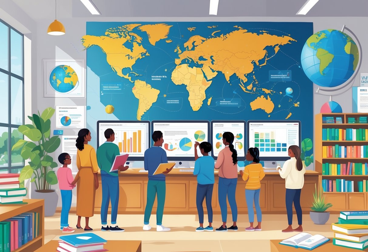 World Bank Education Resources: Your Complete Guide to Impact, Data, and Access world bank education LearningMole A group of diverse people using educational materials and digital screens in a bright learning centre with a globe and world map in the background.