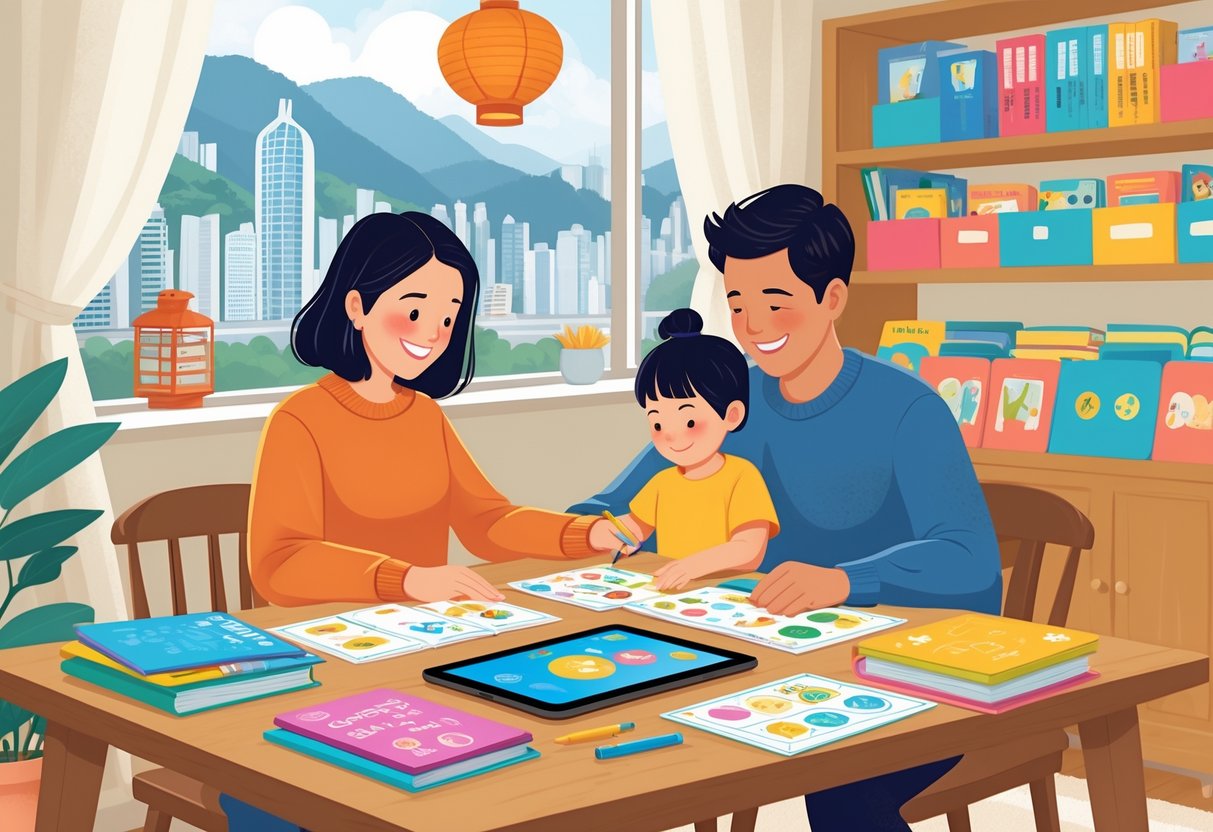 Teaching Resources Hong Kong: Comprehensive Guide for Educators & Parents teaching resources LearningMole A parent and child sitting at a table at home, working together with books and educational materials, with a window showing a cityscape outside.