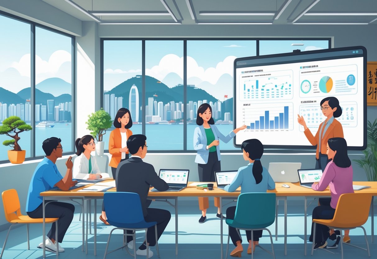 Teaching Resources Hong Kong: Comprehensive Guide for Educators & Parents teaching resources LearningMole A group of teachers working together in a classroom with a view of Hong Kong city, using laptops and teaching materials during a professional development session.