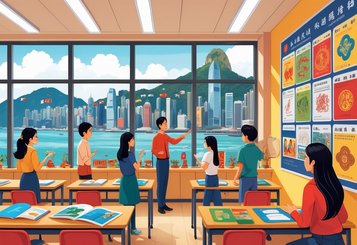 Teaching Resources Hong Kong: Comprehensive Guide for Educators & Parents teaching resources LearningMole A classroom with students and a teacher exploring Hong Kong’s cultural heritage through artefacts and maps, with a view of the city skyline in the background.