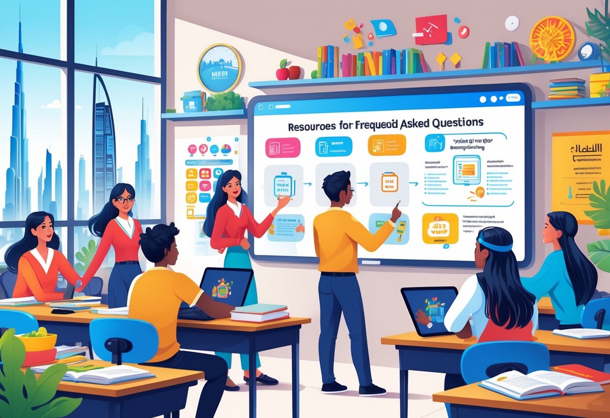Teaching Resources Dubai: Essential Guides and Expert Insights Teaching resources LearningMole A classroom in Dubai with a teacher and diverse students interacting around a digital smartboard showing educational icons, with city views visible through the windows.