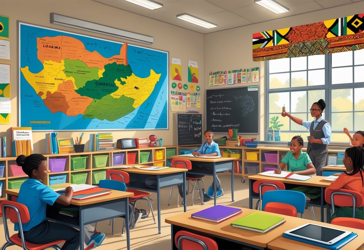 A classroom with South African educational materials, a map of South Africa on the wall, and students learning together.