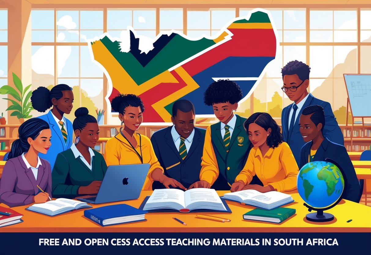 A group of South African students and teachers using digital and printed teaching materials in a bright classroom with a map and outline of Table Mountain in the background.