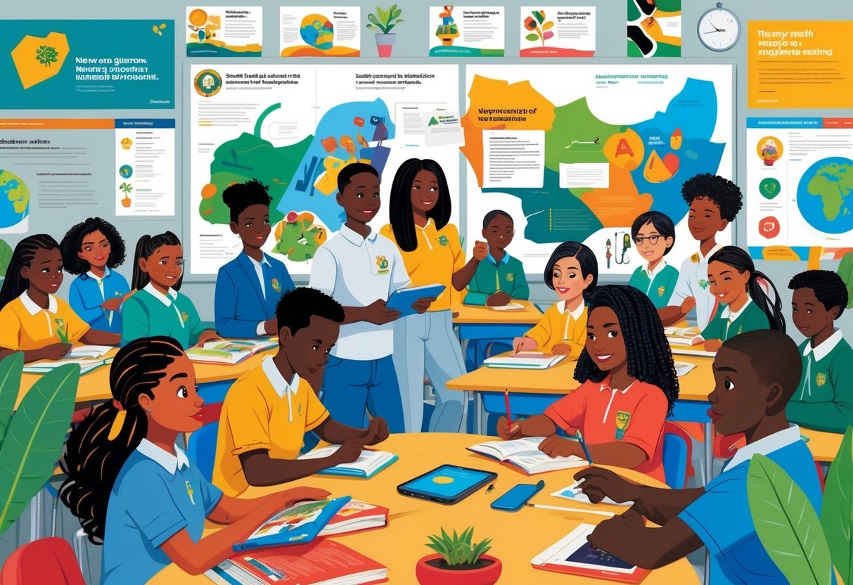 A group of South African students and teachers learning together in a bright classroom with educational materials and cultural decorations.