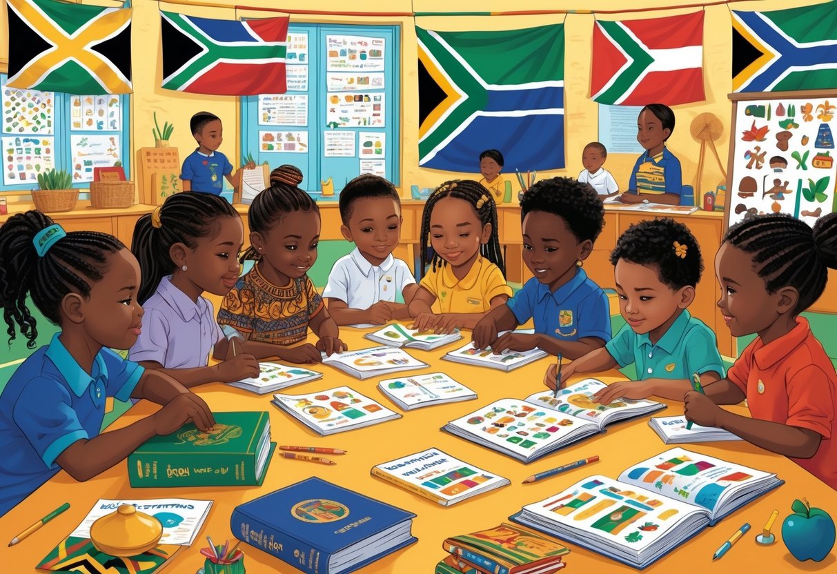 A diverse group of South African children and teachers in a classroom surrounded by cultural artefacts and multilingual learning materials representing different South African cultures.