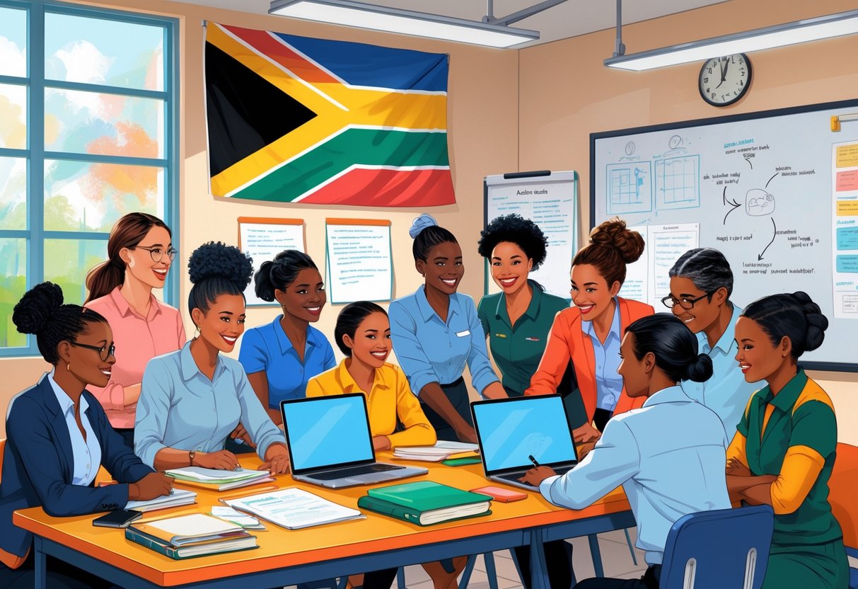 A group of diverse teachers working together around a table in a classroom with teaching materials and a South African flag on the wall.