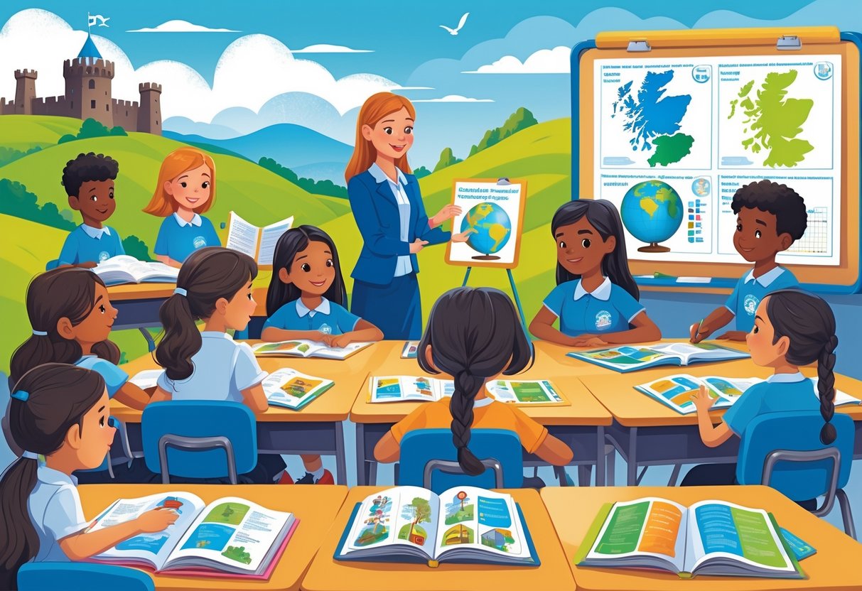 Teaching Resources Scotland: Essential Tools & Ideas for Educators teaching resources LearningMole Children and a teacher in a classroom using learning materials about Scotland, with Scottish landmarks and educational tools around them.