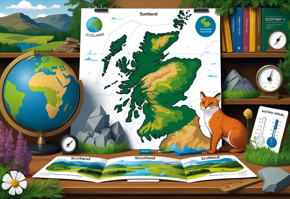 Teaching Resources Scotland: Essential Tools & Ideas for Educators teaching resources LearningMole A collection of geography and environment teaching tools focused on Scotland, including a map, globe, landscape models, wildlife flashcards, and weather instruments arranged on a desk in a classroom.
