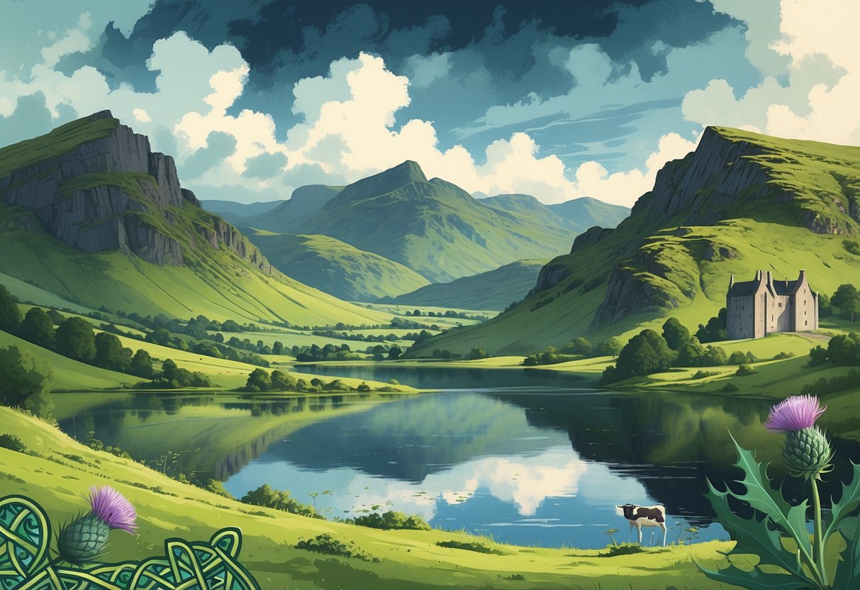Teaching Resources Scotland: Essential Tools & Ideas for Educators teaching resources LearningMole A scenic view of the Scottish Highlands with green hills, a loch, a stone castle, a Highland cow, and thistle flowers.