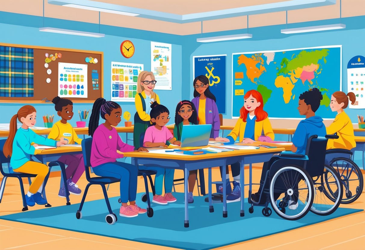 Teaching Resources Scotland: Essential Tools & Ideas for Educators teaching resources LearningMole A classroom in Scotland with diverse learners, including children with different abilities, engaging with inclusive educational materials and a supportive teacher.