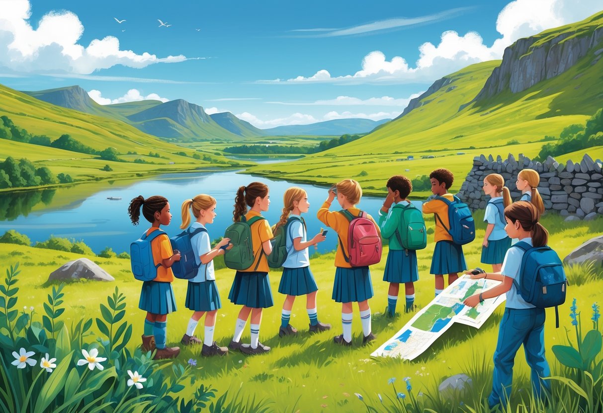 Teaching Resources Scotland: Essential Tools & Ideas for Educators teaching resources LearningMole A group of children and teachers exploring a Scottish landscape with hills, a loch, and a castle, engaging in outdoor learning activities.