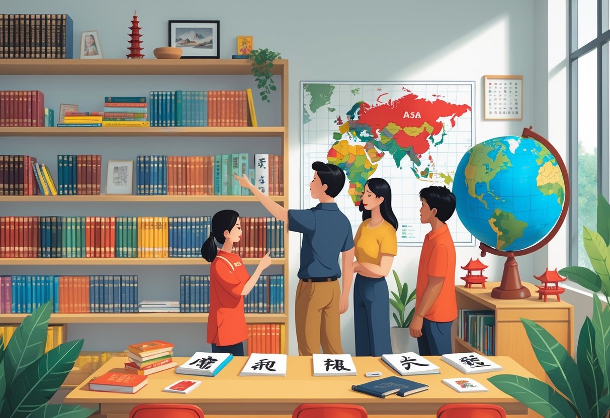 Asian Teaching Resources: Comprehensive Tools for Educators LearningMole A classroom or library corner with shelves of books and cultural items related to Asia, a teacher showing a globe to students, and a bright, welcoming learning environment.